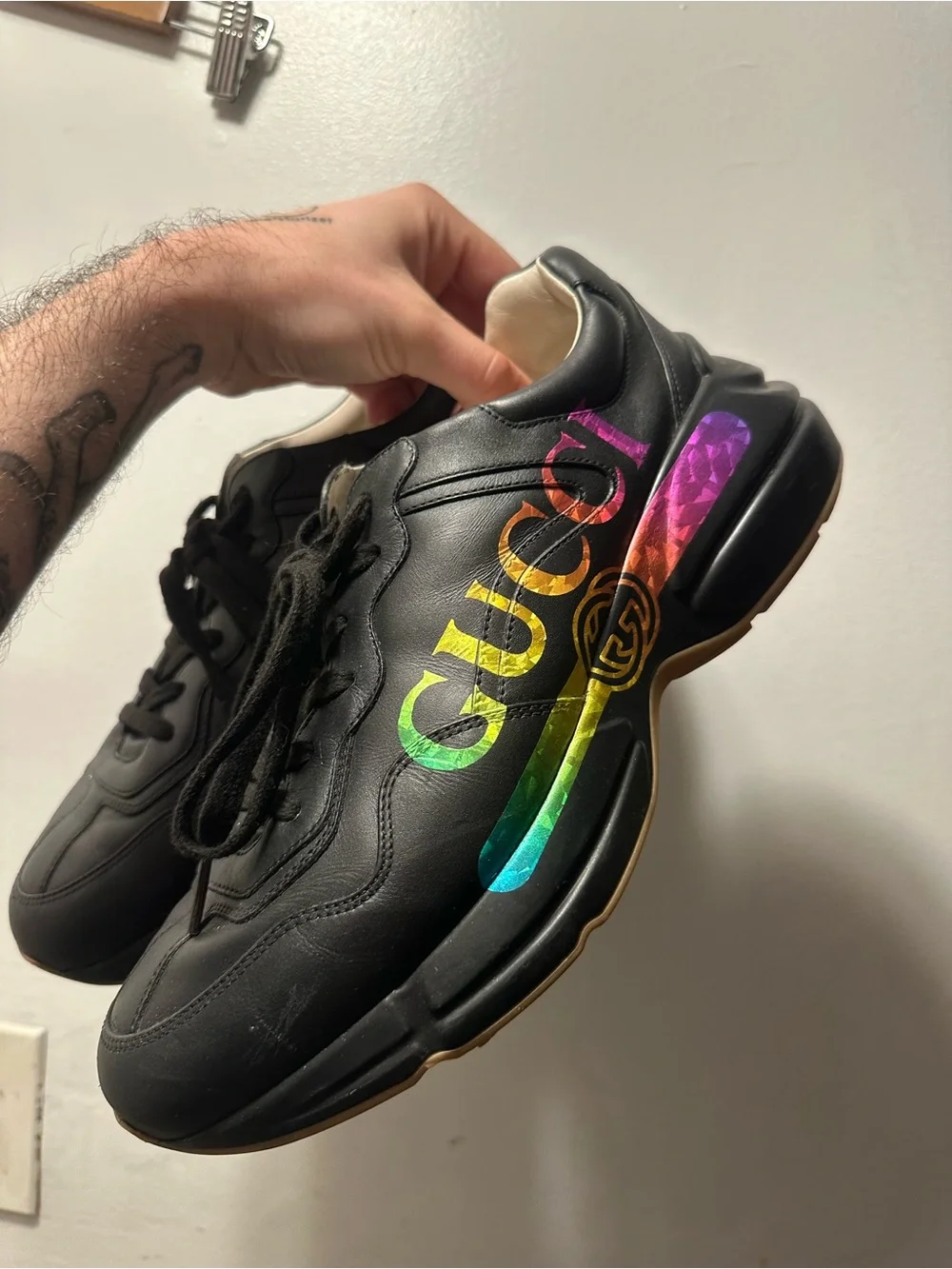 Gucci Black Leather Men's Sneaker with Rainbow Logo Accent 8.5